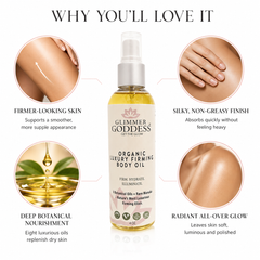 Organic luxury firming body oil by Glimmer Goddess® Organic Skin Care, featuring a sleek bottle with a pump dispenser.