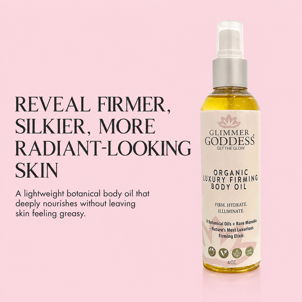 Organic luxury firming body oil by Glimmer Goddess® featuring a sleek bottle with natural ingredients and elegant labeling.