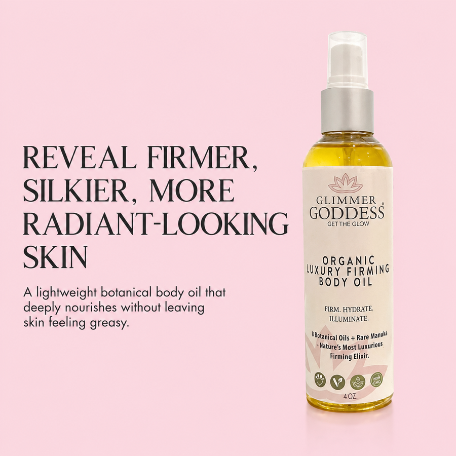 Organic luxury firming body oil by Glimmer Goddess® featuring a sleek bottle with natural ingredients and elegant labeling.