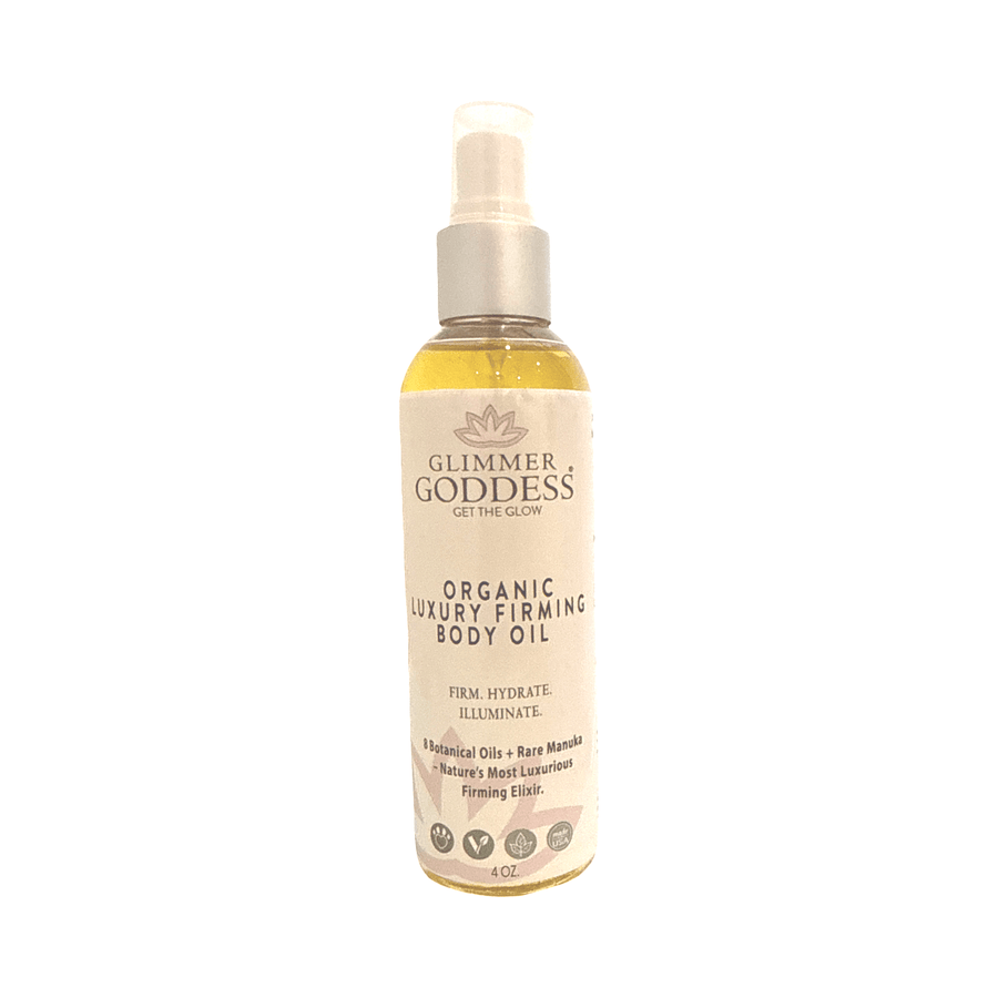 Organic luxury firming body oil by Glimmer Goddess® Organic Skin Care, shown in a sleek bottle with a rich, nourishing formula.