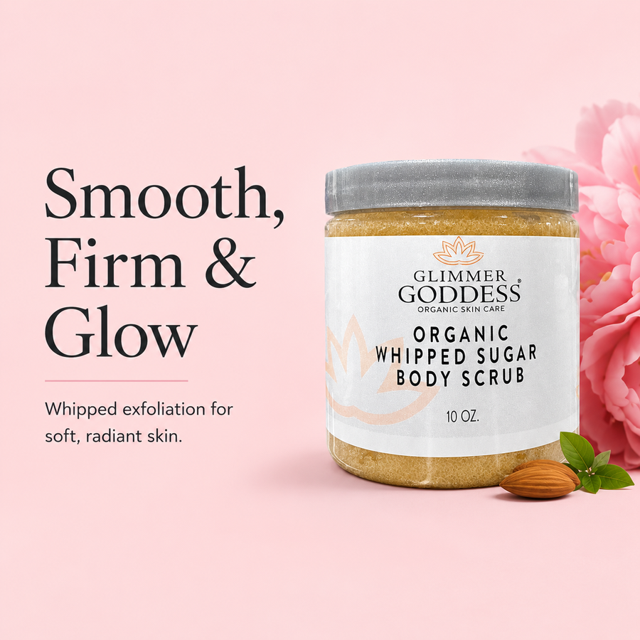Organic Whipped Sugar Body Scrub by Glimmer Goddess® with lavender and lemon, exfoliating and hydrating for crepey skin.