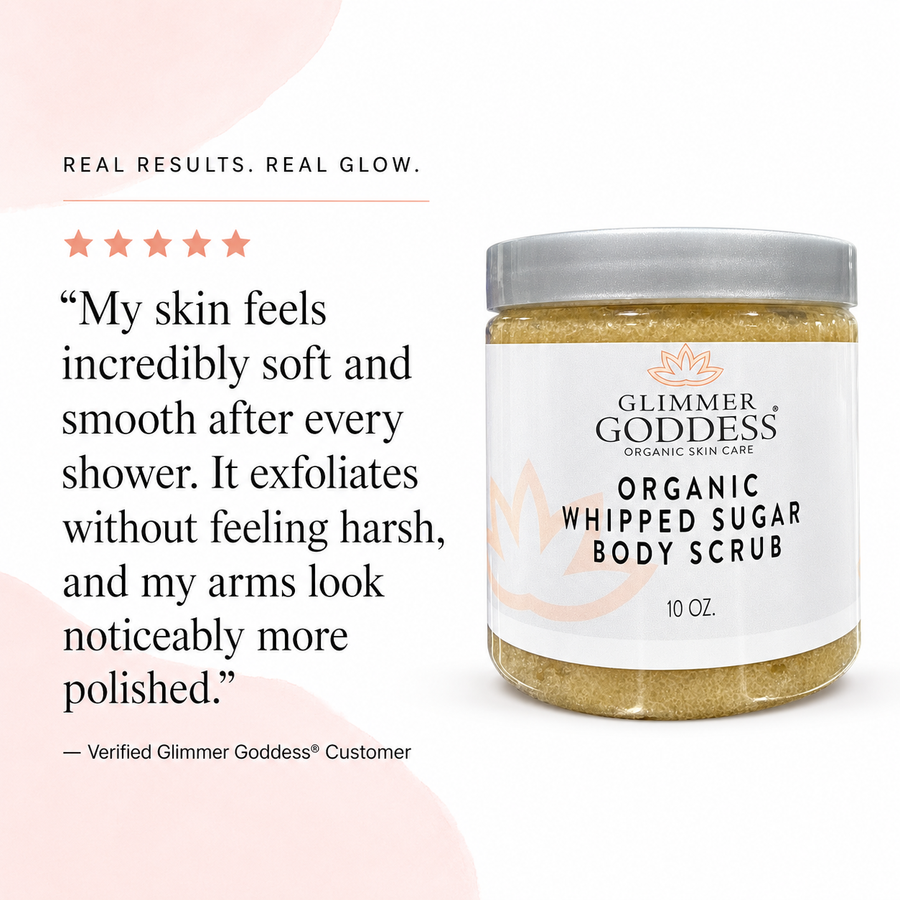 Organic Whipped Sugar Body Scrub by Glimmer Goddess® with lavender and lemon for exfoliating and treating crepey skin.