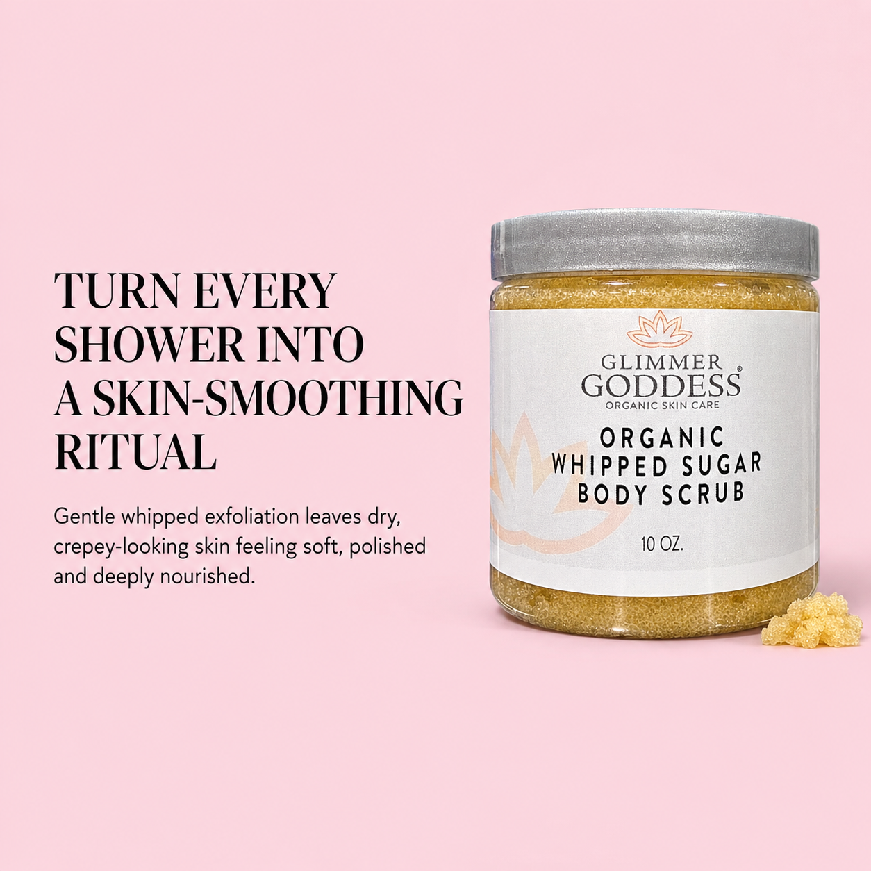 Glimmer Goddess Organic Whipped Sugar Body Scrub in lavender lemon scent, 10 oz, exfoliating crepey skin treatment and body scrub.