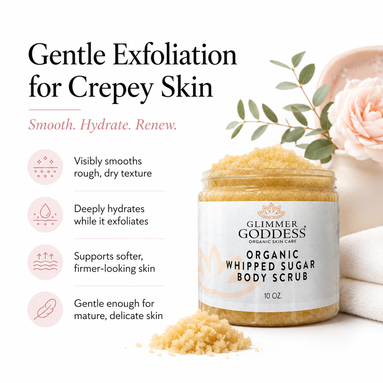 Glimmer Goddess Organic Whipped Sugar Body Scrub with lavender and lemon for exfoliating and treating crepey skin in a 10 oz jar.