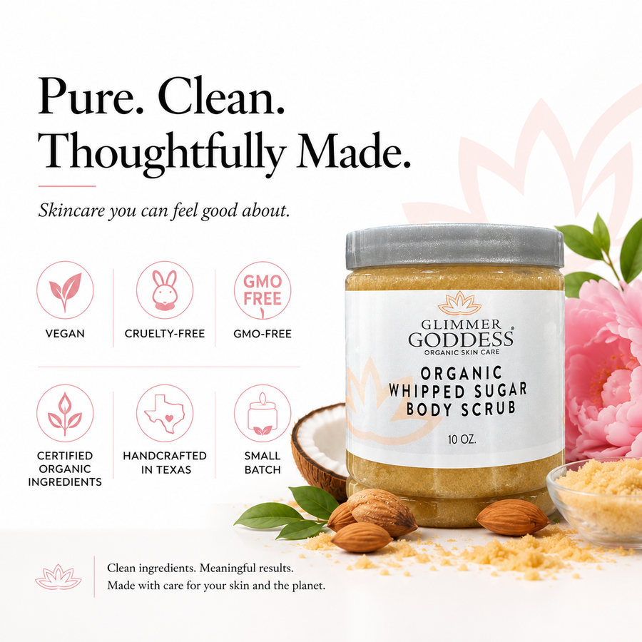 Glimmer Goddess Organic Whipped Sugar Body Scrub with lavender and lemon, 10 oz, for crepey skin exfoliation and rejuvenation.