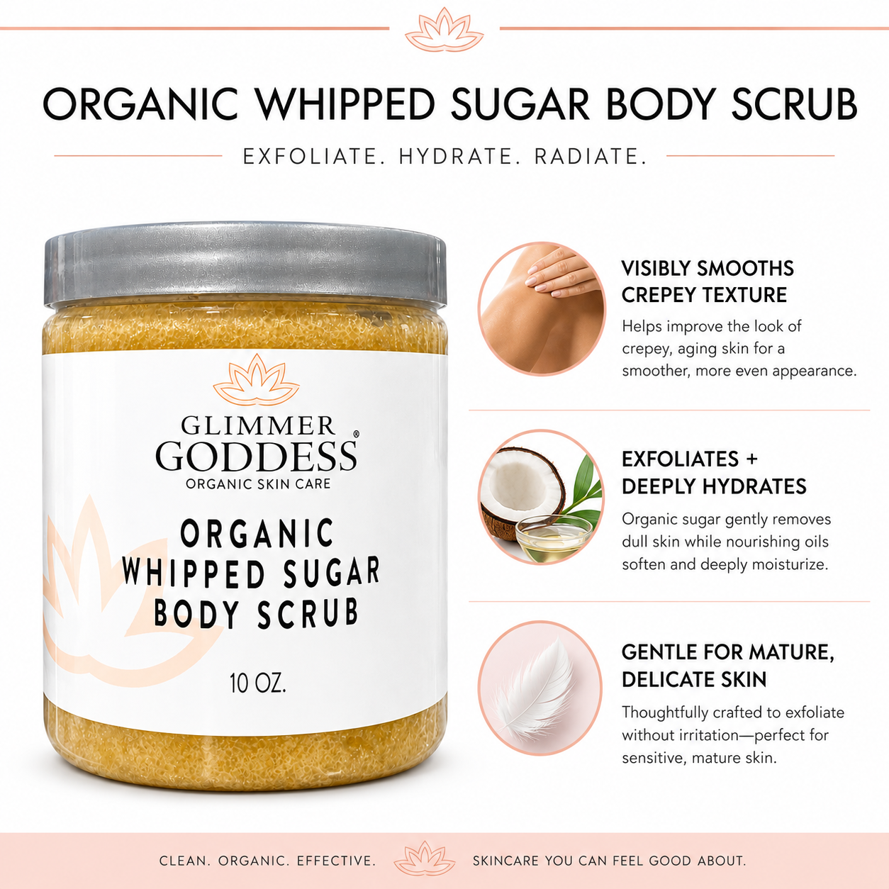 Glimmer Goddess Organic Whipped Sugar Body Scrub in lavender lemon scent, 10 oz, exfoliates and treats crepey skin.