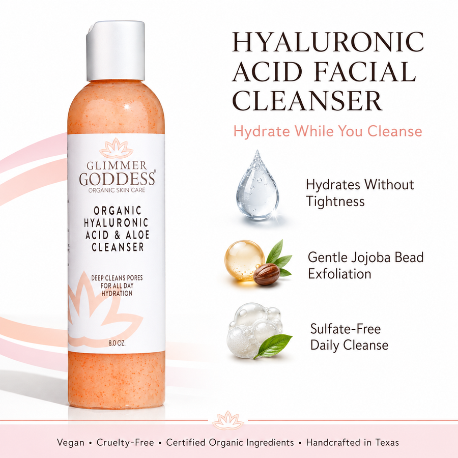 Organic Hydrating Facial Cleanser with Jojoba Beads from Glimmer Goddess Organic Skin Care, 8 oz bottle with clear pump top.