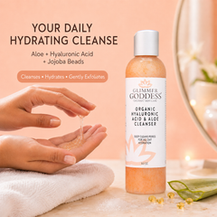 Organic Hydrating Facial Cleanser with Jojoba Beads by Glimmer Goddess Organic Skin Care, showing a clear bottle of 8 oz cleanser.
