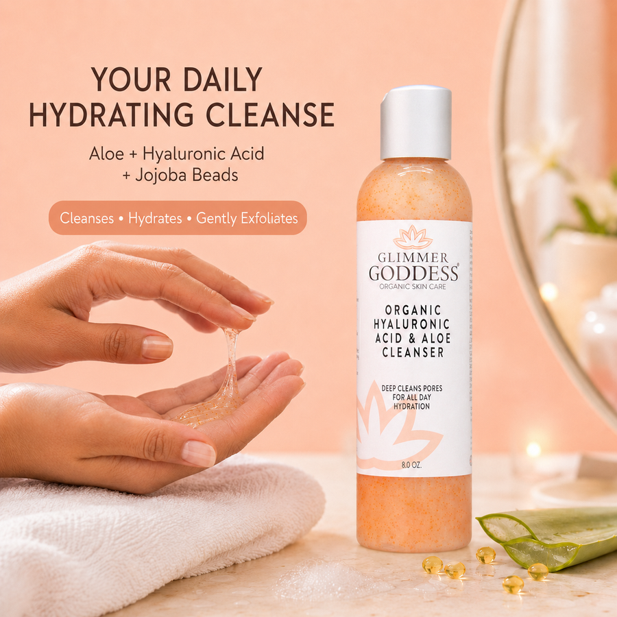 Organic Hydrating Facial Cleanser with Jojoba Beads by Glimmer Goddess Organic Skin Care, showing a clear bottle of 8 oz cleanser.