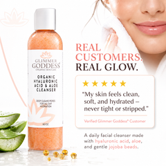 Organic Hydrating Facial Cleanser with exfoliating jojoba beads by Glimmer Goddess® Organic Skin Care, 8 oz bottle with clear liquid and beads.