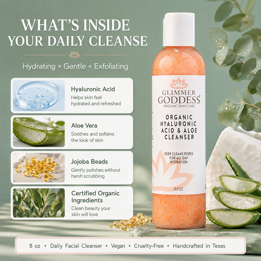 Organic Hydrating Facial Cleanser with exfoliating jojoba beads by Glimmer Goddess Organic Skin Care, 8 oz bottle with clear liquid and beads.