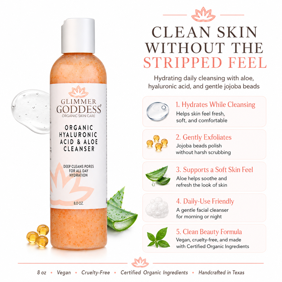 Organic Hydrating Facial Cleanser with Jojoba Beads by Glimmer Goddess® Organic Skin Care, 8 oz, showing the cleanser in a clear bottle.
