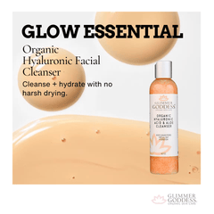 Organic Hydrating Facial Cleanser with Exfoliating Jojoba Beads by Glimmer Goddess® Organic Skin Care, 8 oz bottle with creamy texture and exfoliants.