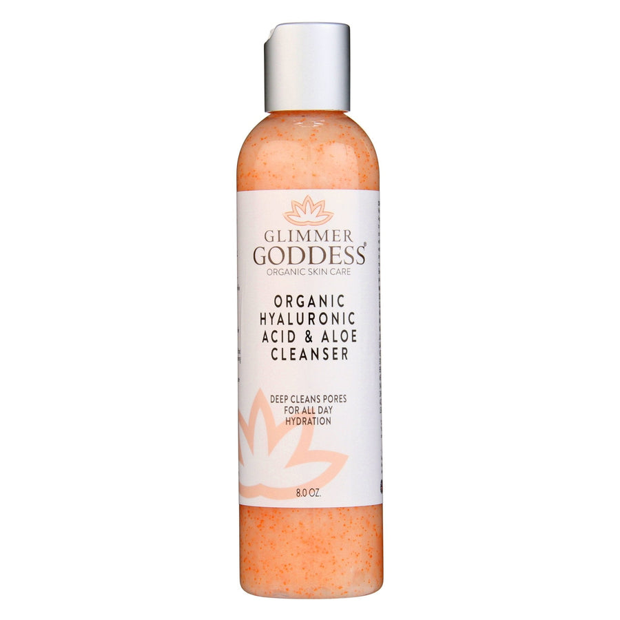 Organic Hydrating Facial Cleanser with Jojoba Beads by Glimmer Goddess Organic Skin Care in 8 oz bottle, showing the cleanser's creamy texture.