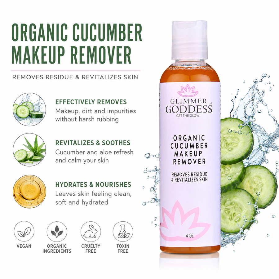 Glimmer Goddess Organic Cucumber Makeup Remover in a bottle, gentle cleanser from the Cleansers & Scrubs line, no oily residue.