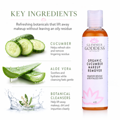 Organic cucumber makeup remover from Glimmer Goddess® Organic Skin Care, a gentle cleanser with no oily residue, in a clear bottle.