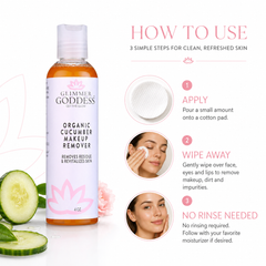 Glimmer Goddess Organic Cucumber Makeup Remover in a bottle, gentle cleanser for removing makeup without oily residue.