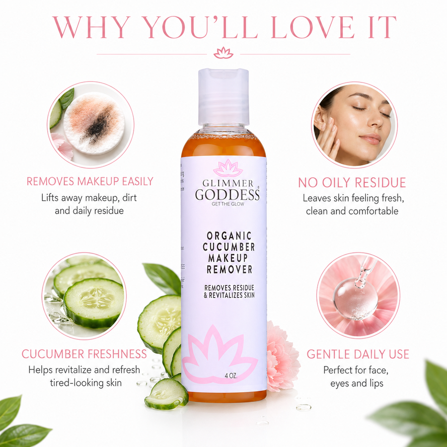 Glimmer Goddess Organic Cucumber Makeup Remover in a clear bottle, designed for gentle, no-oily residue cleansing of skin.