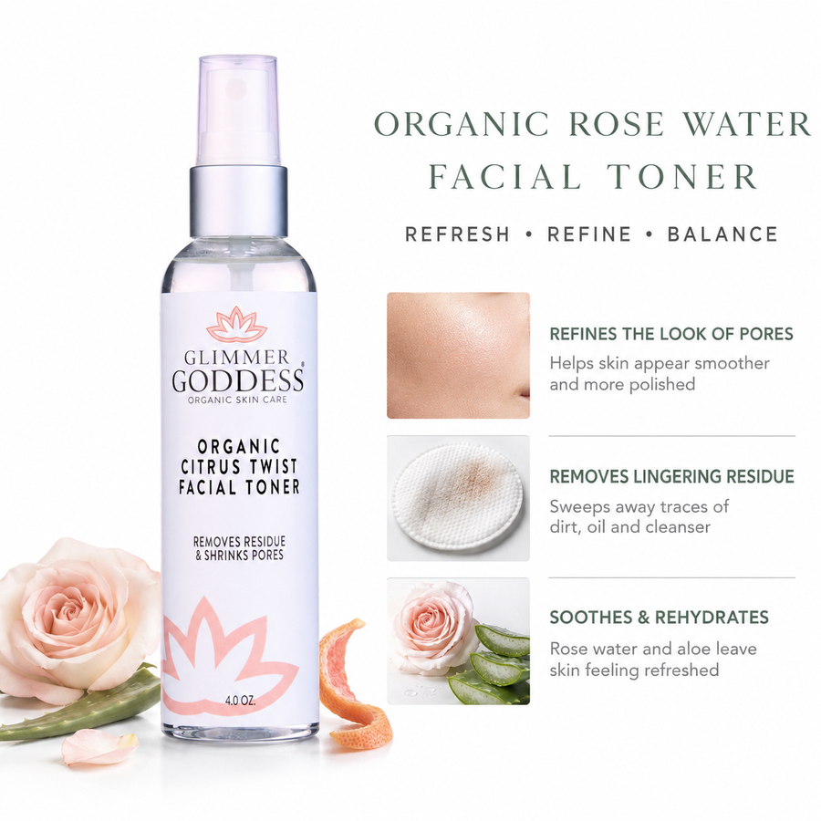 Organic Rose Water Facial Toner by Glimmer Goddess, with witch hazel and aloe, shown in a clear glass bottle with citrus scent.