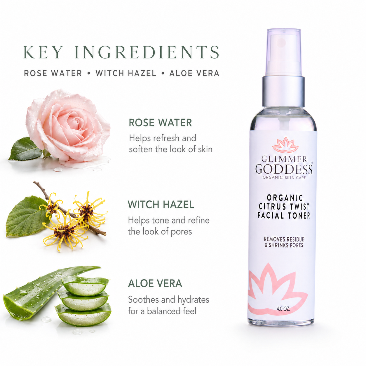 Organic Rose Water Facial Toner from Glimmer Goddess, with witch hazel and aloe, for pore tightening and refreshing skin.