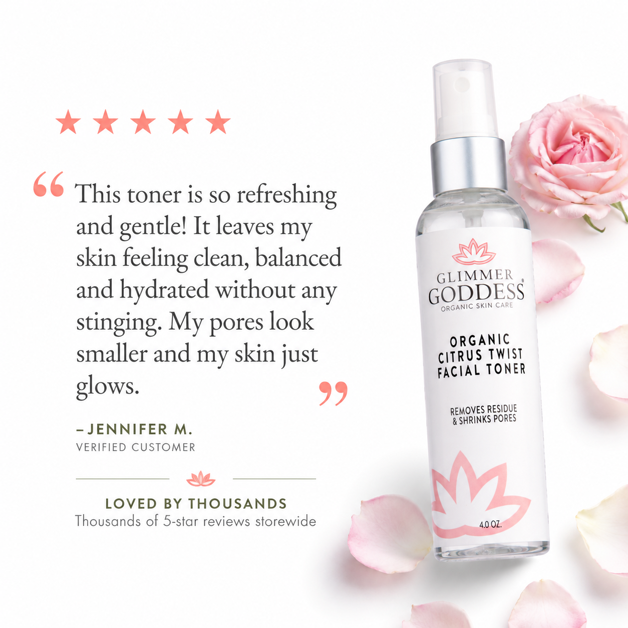 Organic Rose Water Facial Toner by Glimmer Goddess® with witch hazel and aloe for pore tightening, in a clear spray bottle.