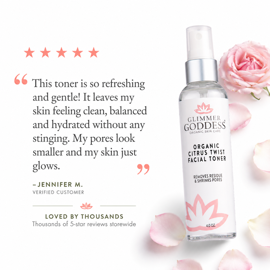 Organic Rose Water Facial Toner by Glimmer Goddess® with witch hazel and aloe for pore tightening, in a clear spray bottle.