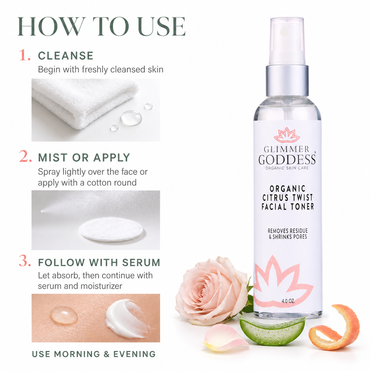 Organic Rose Water Facial Toner by Glimmer Goddess® with witch hazel and aloe for pore tightening, part of cleansers and scrubs.