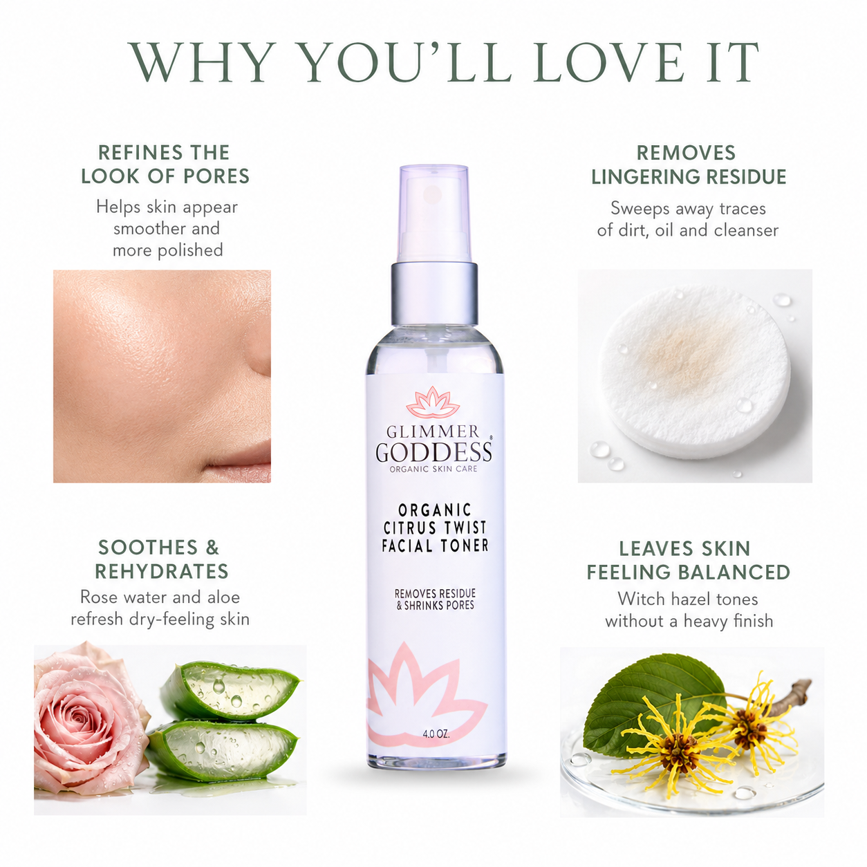 Organic Rose Water Facial Toner by Glimmer Goddess® with witch hazel and aloe for pore tightening, in a clear glass bottle.
