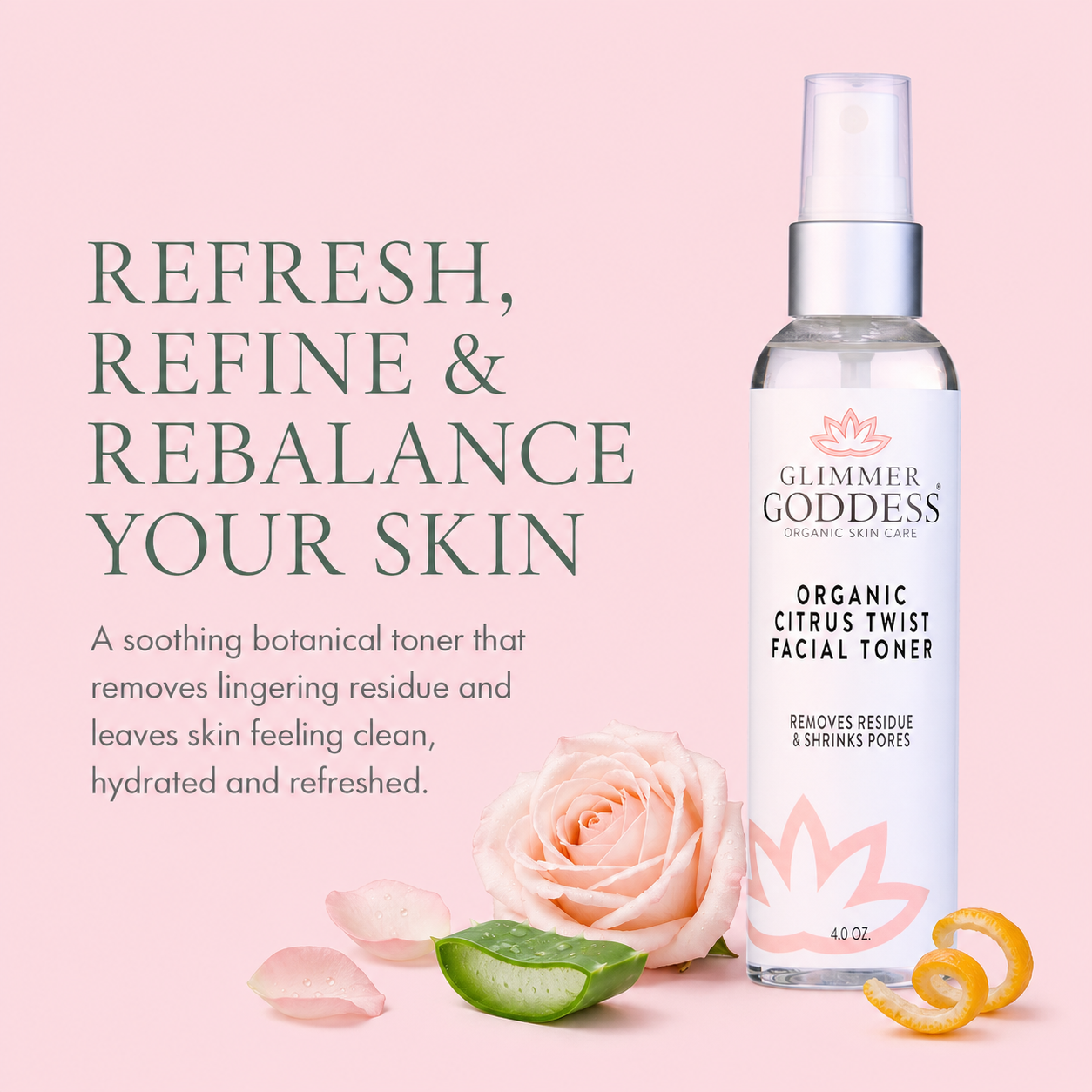 Organic Rose Water Facial Toner by Glimmer Goddess® with witch hazel and aloe for pore tightening, in a clear glass bottle.
