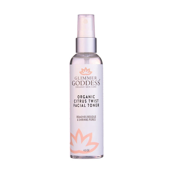 Glimmer Goddess Organic Rose Water Facial Toner with citrus twist, witch hazel, and aloe for pore tightening and skin refreshment.