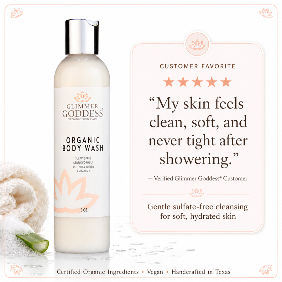 Organic Moisturizing Body Wash by Glimmer Goddess® Organic Skin Care in lavender and lemon scent, designed for soft, hydrated skin.