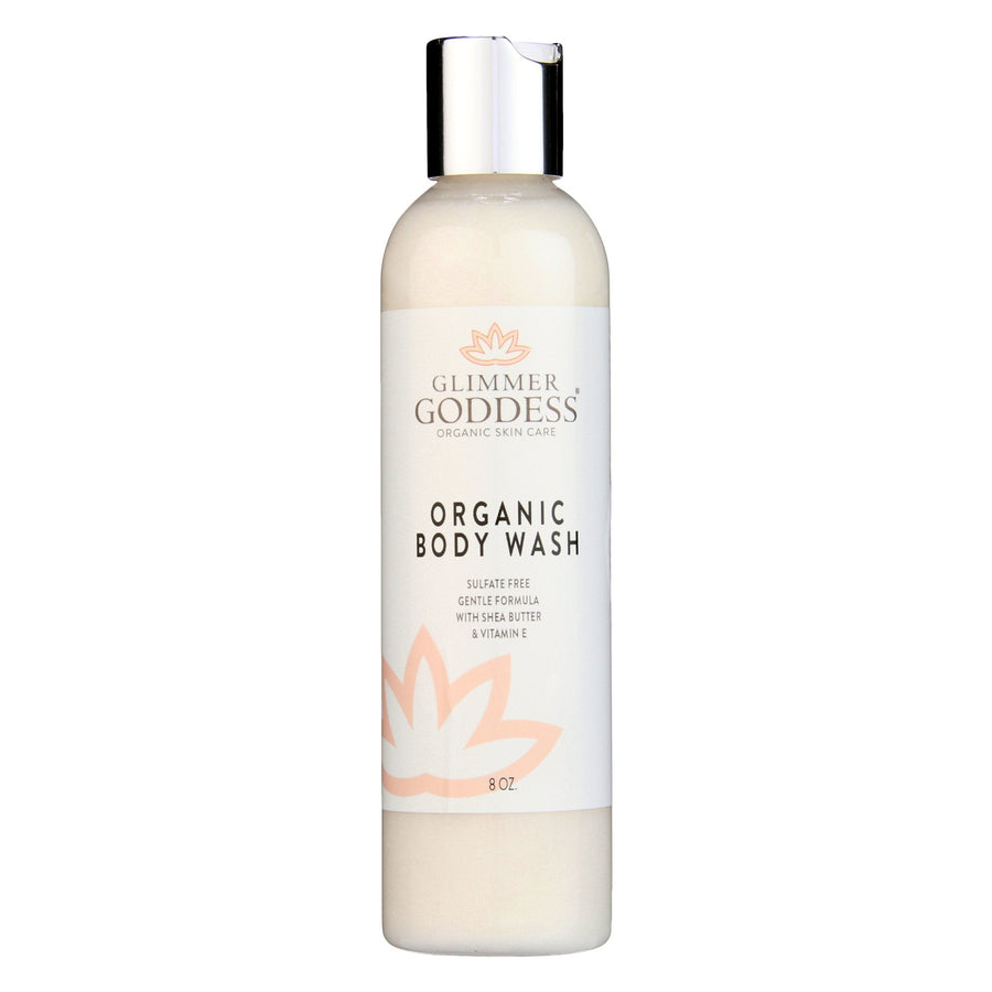 Glimmer Goddess Organic Moisturizing Body Wash in lavender and lemon, gentle cleanser for soft, hydrated skin.