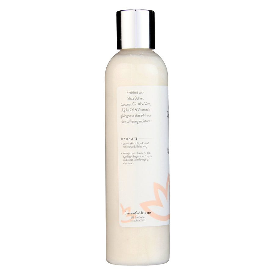 Glimmer Goddess organic moisturizing body wash with lavender and lemon for soft, hydrated skin in a clear bottle.