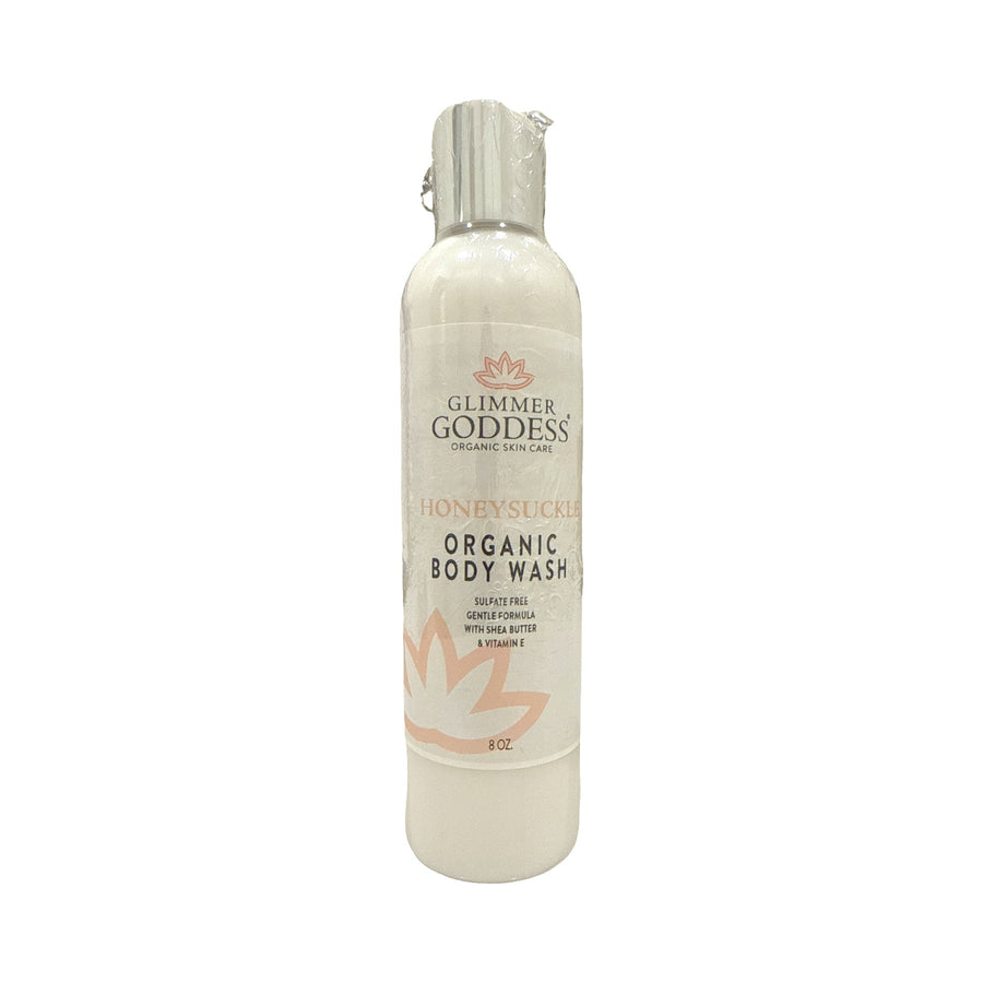 Organic Moisturizing Body Wash by Glimmer Goddess® with lavender and lemon for soft, hydrated skin in a clear bottle.