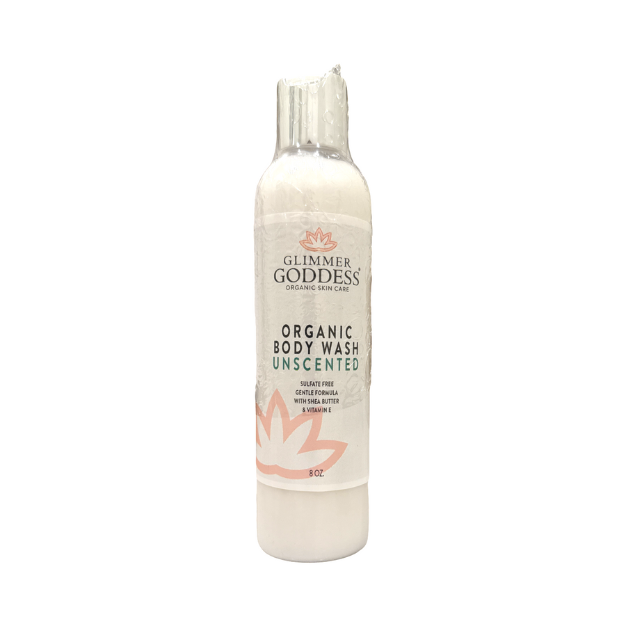 Organic Moisturizing Body Wash by Glimmer Goddess® with lavender and lemon, promoting soft, hydrated skin.