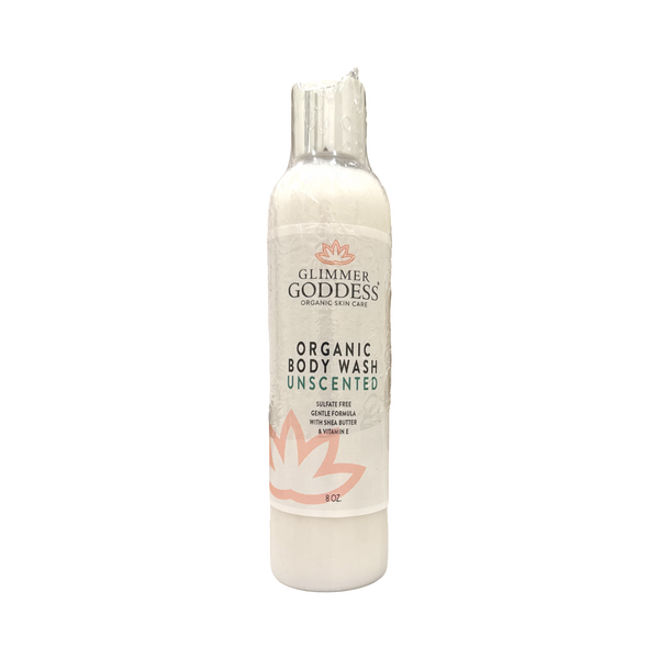 Organic Moisturizing Body Wash by Glimmer Goddess® with lavender and lemon, promoting soft, hydrated skin.