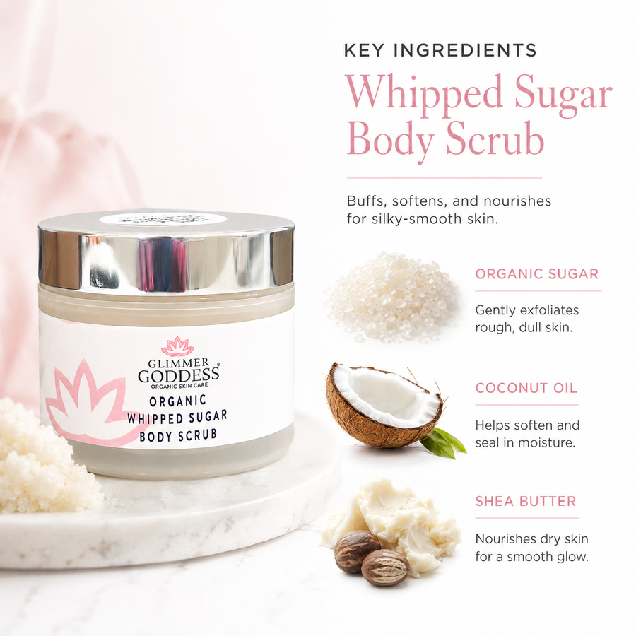 Organic Whipped Sugar Body Scrub by Glimmer Goddess, lavender lemon scent, 2 oz travel size for crepey skin exfoliation.