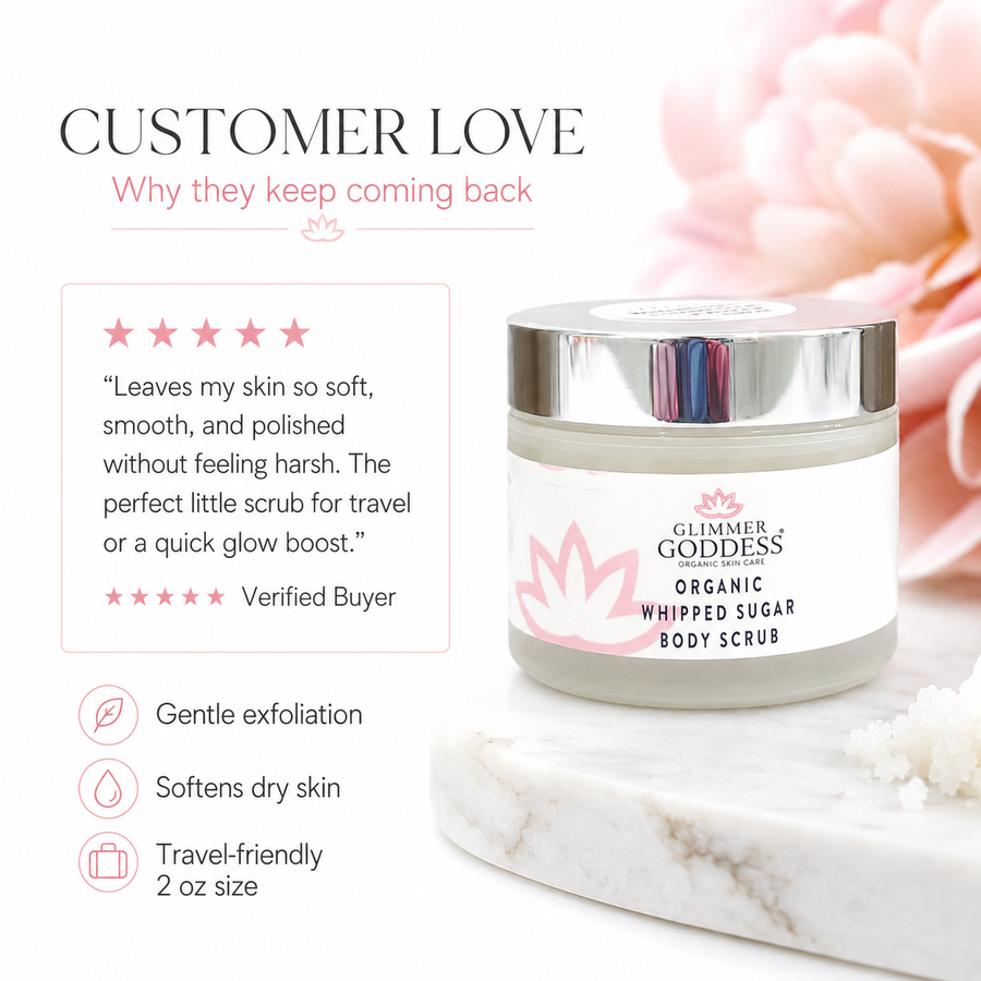Organic Whipped Sugar Body Scrub by Glimmer Goddess® in 2 oz travel size, lavender lemon scent, exfoliates and treats crepey skin.