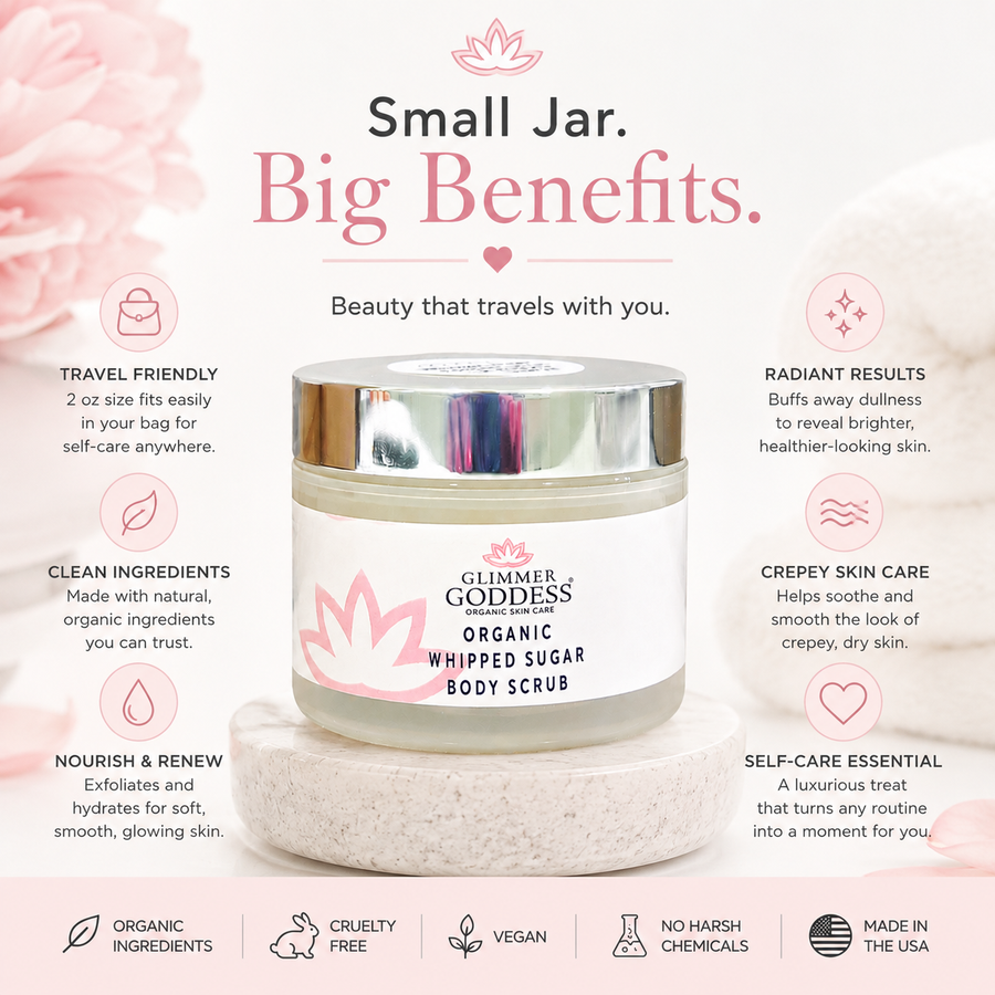 Organic Whipped Sugar Body Scrub by Glimmer Goddess in 2 oz travel size, with lavender and lemon, exfoliates and treats crepey skin.