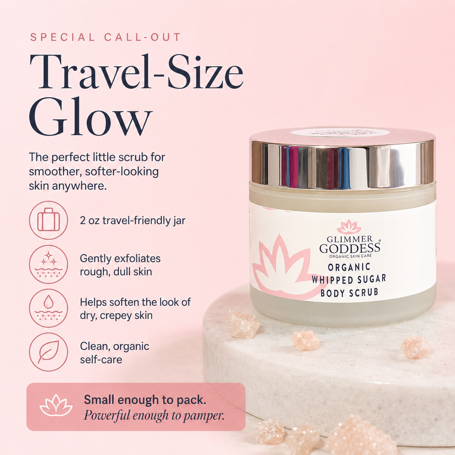 Organic Whipped Sugar Body Scrub by Glimmer Goddess, lavender lemon scent, 2 oz travel size, exfoliates and softens crepey skin.