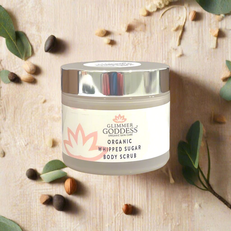 Organic Whipped Sugar Body Scrub by Glimmer Goddess, lavender lemon scent, 2 oz travel size for exfoliating and crepey skin treatment.
