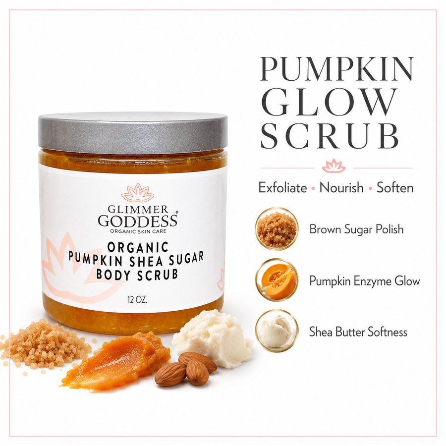 Organic Pumpkin Shea Sugar Body Scrub by Glimmer Goddess® with fall-inspired pumpkin scent, exfoliating cleanser with natural ingredients.