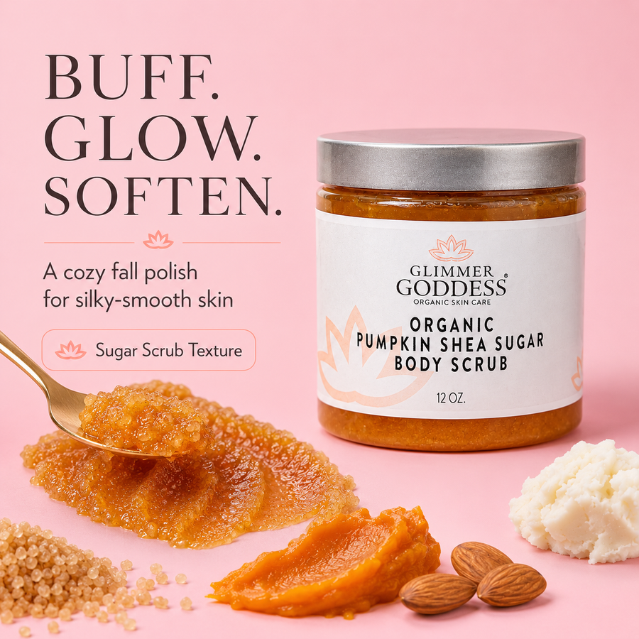 Organic Pumpkin Shea Sugar Body Scrub by Glimmer Goddess® with fall-spiced pumpkin scent, exfoliates and smooths skin naturally.