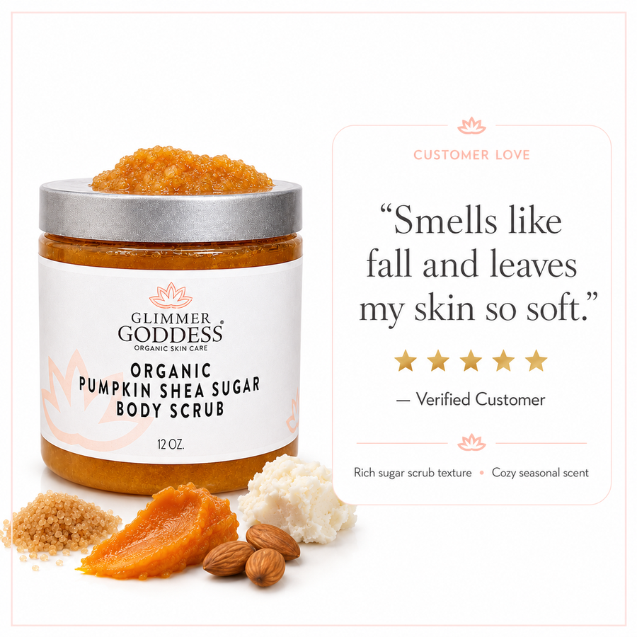 Organic Pumpkin Shea Sugar Body Scrub from Glimmer Goddess® with fall-spiced pumpkin scent, exfoliates and renews skin.