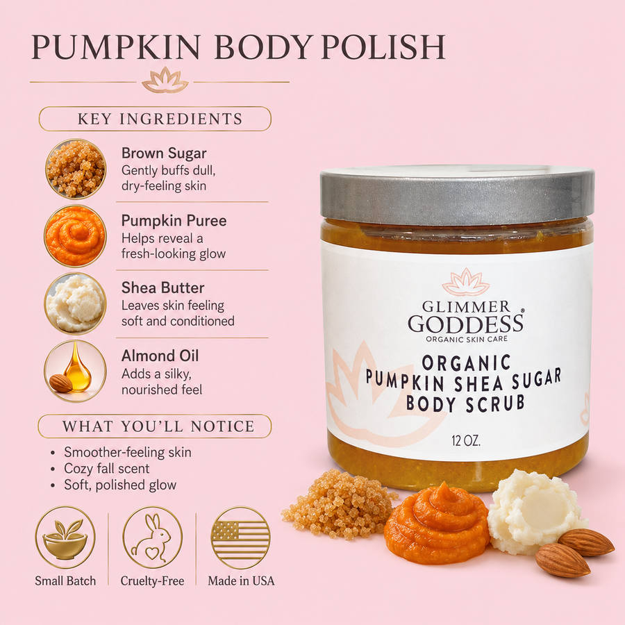 Organic Pumpkin Shea Sugar Body Scrub by Glimmer Goddess, fall scented exfoliator with pumpkin and spice ingredients.