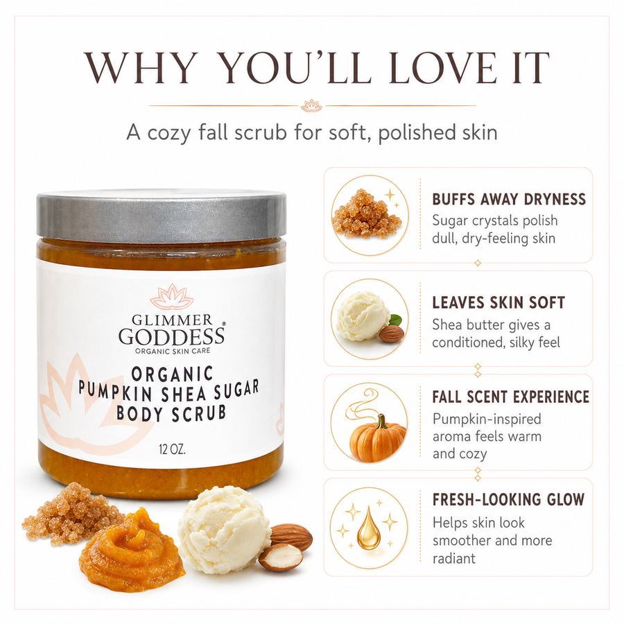 Organic Pumpkin Shea Sugar Body Scrub by Glimmer Goddess® with fall-inspired pumpkin scent, exfoliating and moisturizing skin.