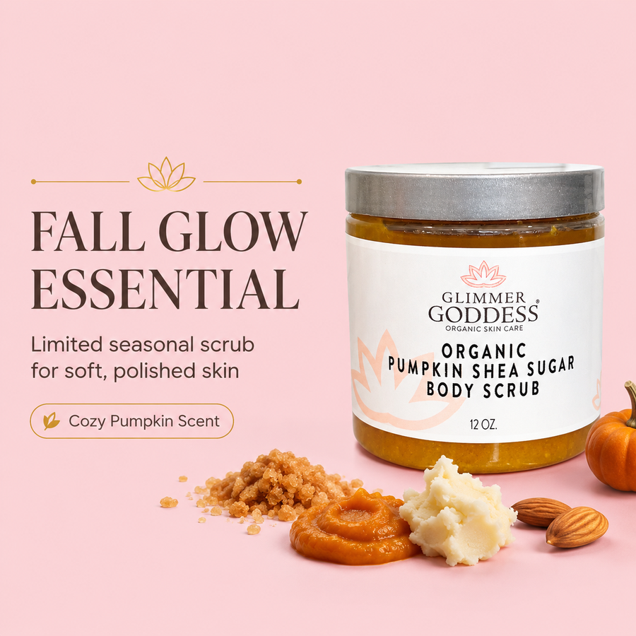 Organic Pumpkin Shea Sugar Body Scrub by Glimmer Goddess® with exfoliating sugar, pumpkin scent, and natural fall-inspired ingredients.