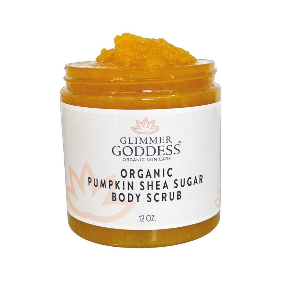 Organic Pumpkin Shea Sugar Body Scrub by Glimmer Goddess® with fall-spiced pumpkin scent, exfoliates skin with natural sugar and shea butter.