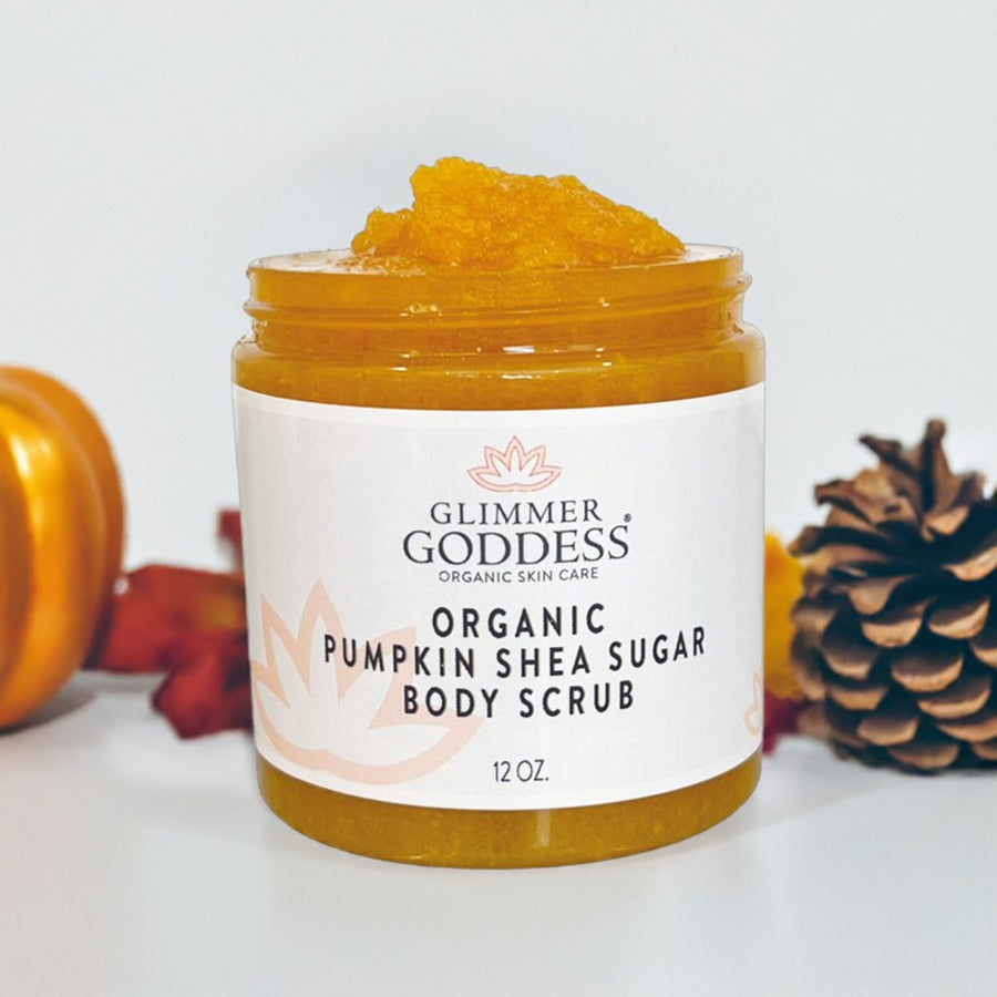 Organic Pumpkin Shea Sugar Body Scrub by Glimmer Goddess® with spiced pumpkin pie scent, featuring exfoliating sugar and organic ingredients.