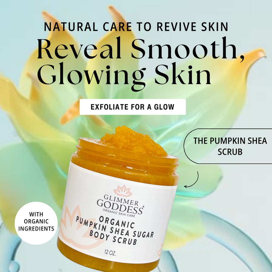 Organic Pumpkin Shea Sugar Body Scrub by Glimmer Goddess® with fall-spiced pumpkin scent and exfoliating sugar granules.